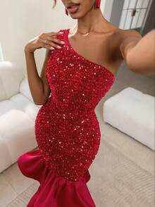 Faeriesty 这款红色时尚女士优雅亮片单肩修身晚礼服，搭配多层荷叶边蓬松裙摆，是婚礼、盛大晚宴、颁奖典礼、正式庆典、新年装扮、情人节派对、春季派对的理想之选。 - 紅色 - 查看 8