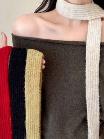 1pc Stylish Narrow Knitted Scarf, Warm & Versatile Fashion Neck Warmer For Women, Autumn/Winter