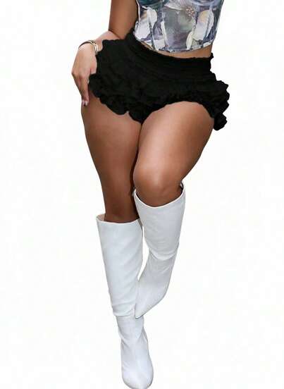 Blazique Solid Color Comfortable Ruffled Mini Skirt Shorts, Versatile Hot Pants, Sexy ClubwearNew Year