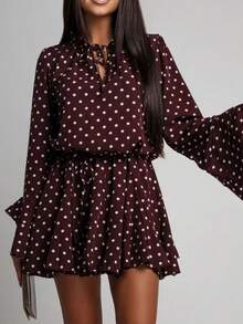 Women's Bohemian Polka Dot A-Line Mini Dress, Tie Neck, Long Ruffle Sleeves, Ruffle Hem, Woven Fabric, Button Front Detail Vacation Spring Elegant - Burgundy - View 2