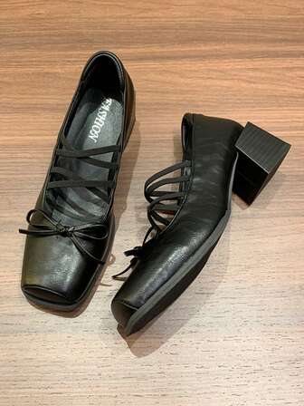 Women's Square Toe Slip-On Shoes, Thick Heel Comfortable Non-Fatiguing High Heel Criss-Cross Lace-Up Ballet Shoes, Elegant Retro Bow Mary Jane Shoes