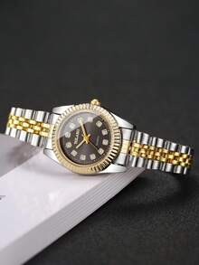 1pc Women's Fashion Casual Rhinestone Decorated Small Dial Quartz Wrist Watch With Steel Band, Minimalist Style (1pc/Set, Watch Box Not Included) - Black - View 6