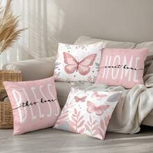 4pcs Simple Daily Pink Butterfly "Sweet Home" Cushion Covers, Single-Sided Printed Soft Peach Velvet Material, 45*45/50*50/40*40CM Pillow Covers Suitable For Indoor Decor, Party Decor, Decorative Pillow Gift - Multicolor - View 8