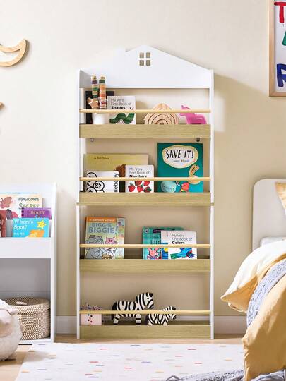 SoBuy Children's Bookshelf, Kids' Shelf, Toy Storage Shelf With 4 Shelves For Books And Decorations, Montessori Shelf, Children's Room Furniture, White And Natural, 60x130.5x15 Cm KMB121-WN