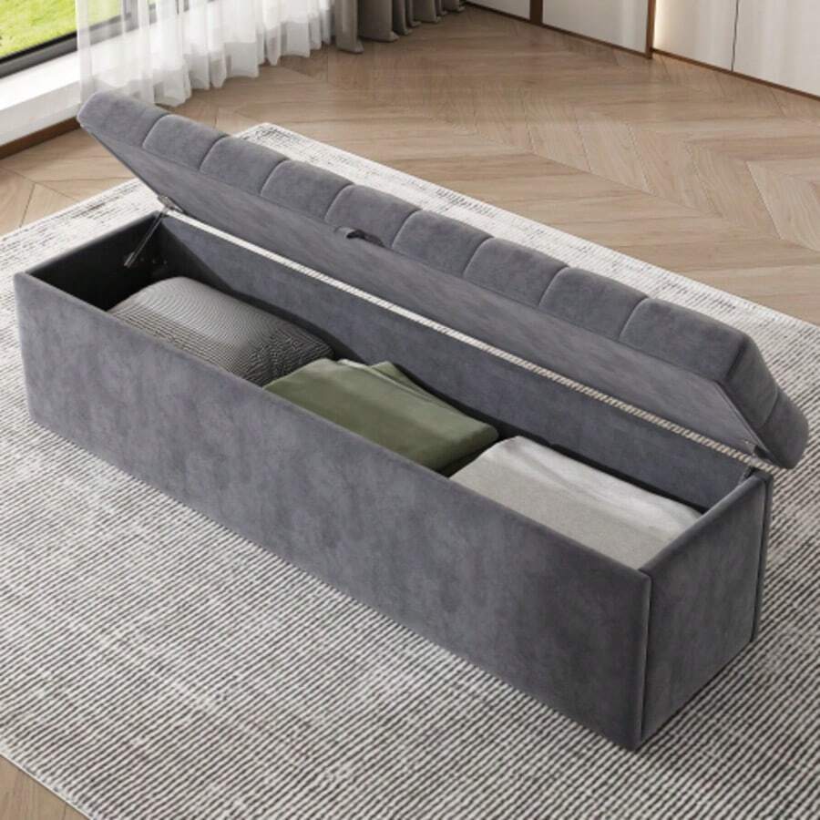 Samt, Polsterbank, Gepolsterte Sitzbank, Betthocker, Bank Mit Stauraum, Gray 138 X 41 X 42 Cm - Gray - View 1