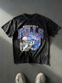 Buffalo Football Helmet Graphic Tee Acid Washed Shirt Unisex Couple Matching Boyfriend Style New York City Sports Fan Gear Royal Blue Red Print Retro Game Day Aesthetic Distressed Cotton Graphic Tees Men Oversized T Shirt Summer Clothes Men Fall Clothes Men Winter Clothes Camisetas Para Hombre - màu đen - Xem 1