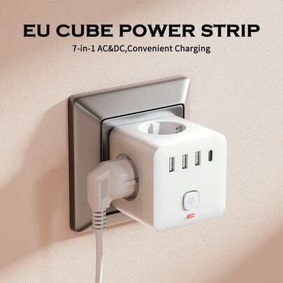 1 st. 7-i-1-grenuttag med överspänningsskydd och 3 EU-uttag, 3 USB-A-portar, 1 USB-C-port, väggmonterad nätadapter med överbelastningsskydd och oberoende strömbrytare för hem, kontor, resor, studentrum, spelrum, vit/svart