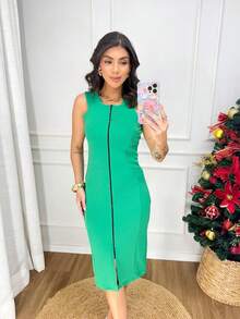 Midi Dress With Wide Straps, Front Zipper, And Structured Stitching. Suitable For Holidays, Vacations, And Evenings. - 綠色 - 查看 2