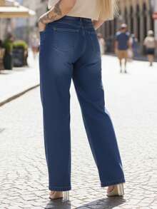 Wide Leg Women's Pants, Marbled Pattern, Wide Leg, High Waist, Thick Fabric, 100% Denim - Màu xanh lam - Xem 3