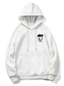 ONE WAVE Men's Autumn/Winter Funny Skull Element Print Fleece Lined Hoodie Sweatshirt - White - View 4