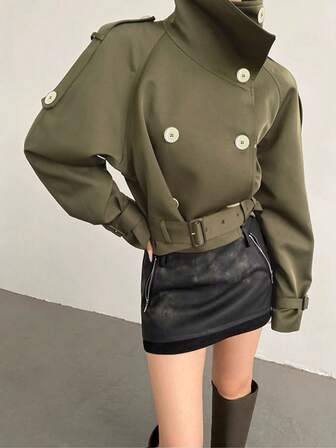 Women's Winter Jacket, Button Design, Double Button Placket, Long Sleeves, Stand Collar, Loose Fit, Short Style, Casual Wear, Japanese And Korean Style, Street Style, Elegant And Relaxed.