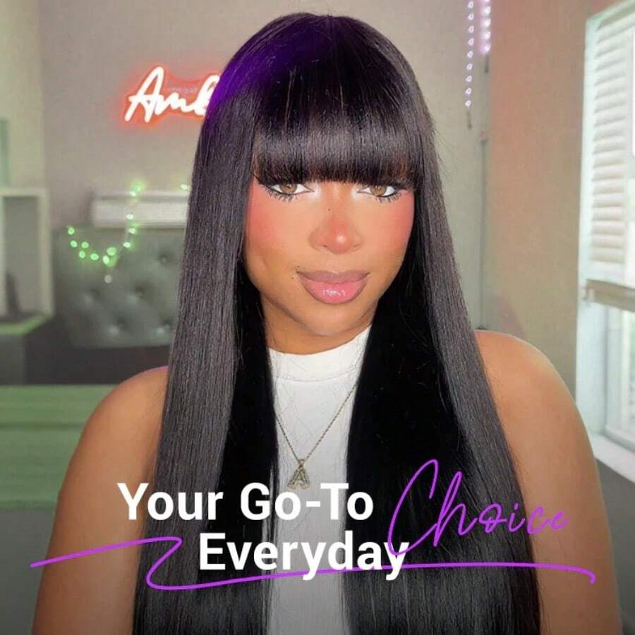 Straight Wigs Human Hair With Bangs 180% Density Brazilian Virgin Human Hair Wigs For Women Glueless Wigs Human Hair Machine Made None Lace Front Wigs Natural Color (8-36inch), 3S Put On & Go Affordable Human Hair Wig, Quick Install - Yaki thẳng - Xem 1