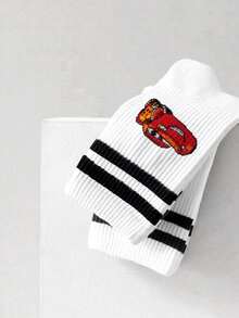 Disney 1 Pair Cars Graphic Mid-Calf Socks For Men, Cute Cartoon Pattern, Odor-Resistant Breathable Casual Sports Socks With Stripes, Suitable For Students/Adults As Gifts Or Daily Wear - White - View 5