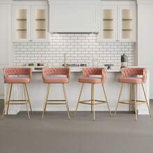 VECELO Taburete de bar de piel de PU rosa con marco de metal electrolítico - Silla de bar de 34 pulgadas de altura con reposapiés, fácil de ensamblar, perfecta para la isla de la cocina y el bar del hogar - Rosa - Ver 1