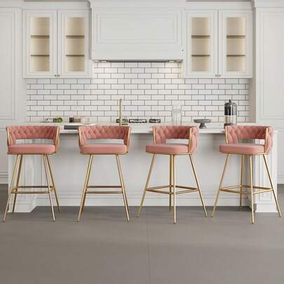 VECELO Set Of 4 Pink PU Leather Bar Stool With Electroplated Metal Frame – 34-Inch Tall Bar Chair With Footrest, For Kitchen Island And Home Bar