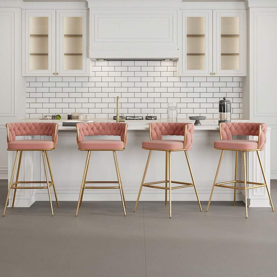 VECELO Taburete de bar de piel de PU rosa con marco de metal electrolítico - Silla de bar de 34 pulgadas de altura con reposapiés, fácil de ensamblar, perfecta para la isla de la cocina y el bar del hogar - Rosa - Ver 1