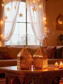 1个优雅金色装饰香炉，复古阿拉伯设计，精美镂空细节，完美适用于家居装饰、客厅、卧室、办公室、休闲空间，优雅烛台，精神装饰，芳香疗法，斋月节，馈赠亲友，独特装饰点缀，营造宁静氛围，室内使用理想之选。 - 金色 - 查看 4