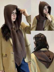 1pc Women's Casual, Elegant Style Wool Balaclava Hat - With Hood And Scarf, Featuring Cozy Thermal Lined, Windproof, Warm, And Cold-Resistant - One Piece Scarf - View 1