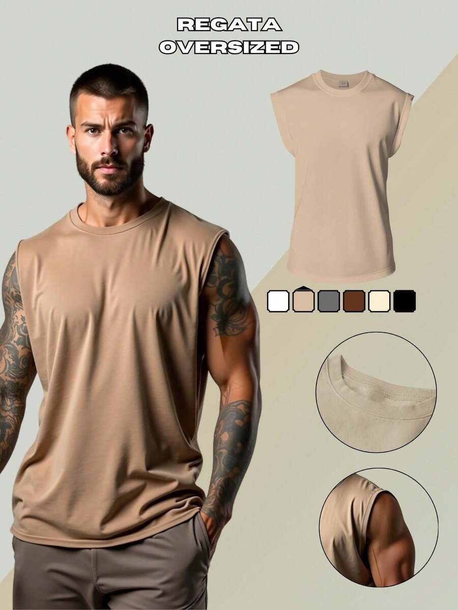 Men's Macho Tank Top, Low-Cut, Bodybuilder Style, Workout Gym, 100% Premium Cotton - Khaki - View 1