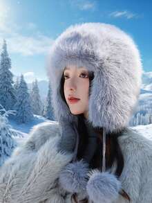 1pc Plush Women's Hat, Fashionable Outdoor Warm Ear Protection Beanie, Handmade, Faux Fur, Cute Solid Color, Polyester Fleece, Suitable For Holidays And Gifts, Autumn/Winter - A - View 9