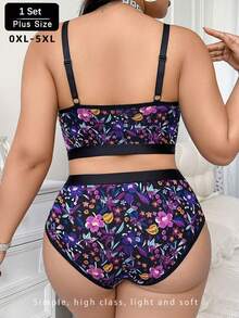 大码女士印花无钢圈柔软舒适文胸内裤套装 - 黑色 - 查看 4