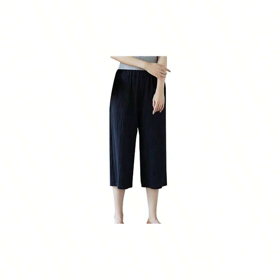 Pantalones Casuales, para Mujer, de Largo 3/4, Cintura elstica, Pierna Recta, Color Liso, con pantaln de Playa Informal. - inicial - Ver 1