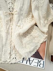 JIANHU 春夏刺绣镂空上衣，V领系带宽松设计，轻盈优雅百搭外套 - 杏色 - 查看 8