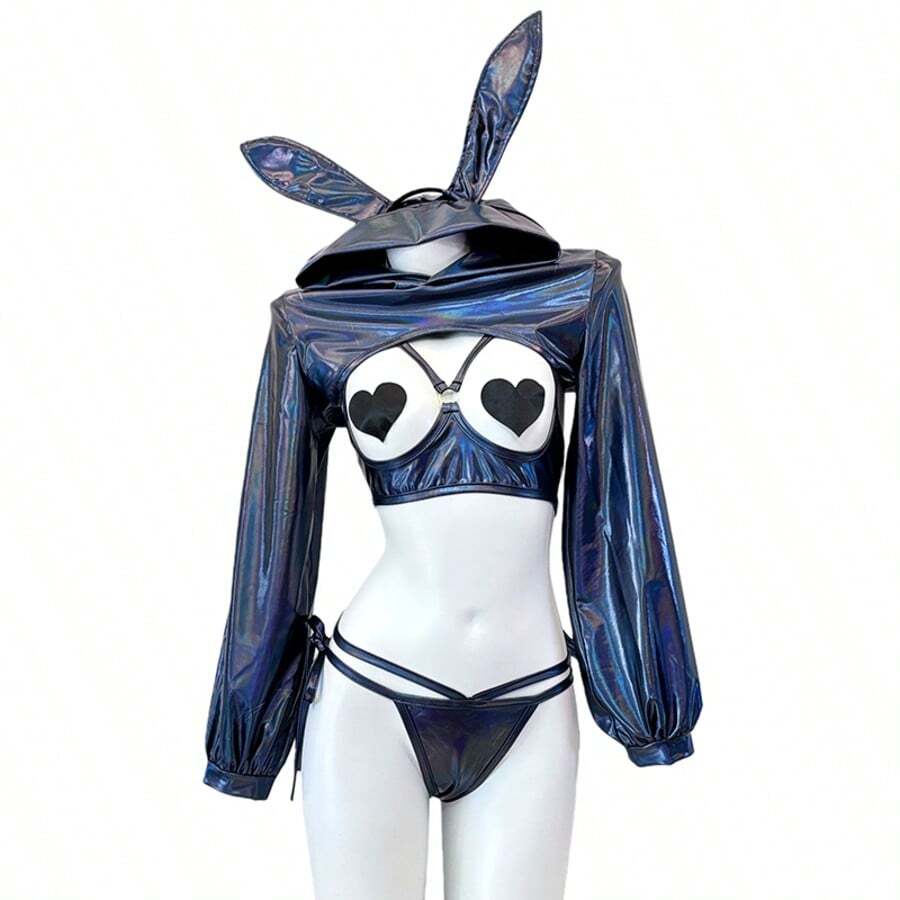 SENMHS Reverse Bunny Sexy PU Leather All Season - Royal Blue - View 1