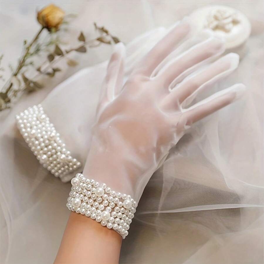 Elegant Transparent Short Gloves, Wedding Bride Gloves, Suitable Ladies' Tea Party Evening Accessories With Faux Pearl Decoration White Gloves - trắng - Xem 1