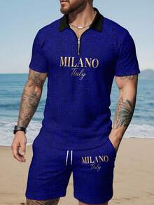 男士字母印花拉链Polo衫和抽绳短裤套装，休闲日常穿搭 - 彩色 - 查看 3