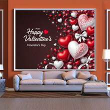 1PC 2d Flat, Valentine's Day Heart-Shaped Background Banner, Polyester Fabric, Red And White Heart, Bow Design, Suitable For Valentine's Day Parties, Weddings, Birthdays, Couple Dates, Anniversaries, Romantic Theme Activities, Festival Parties, Gatherings And Celebrations