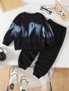 2pcs/Set Boys Casual Sports Outfit, Loose Fit Round Neck Long Sleeve Sweatshirt And Pants, Comfortable Streetwear For Young BoyAutumn/Winter - Black - View 2