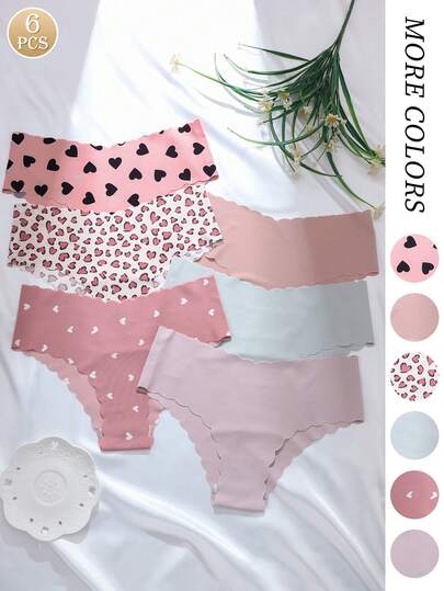 6pcs/Pack Women's Adhesive Panties With Soft Ruffled Trim, Featuring Romantic Heart & Leopard Print Patterns As Well As Classic Solid Colors, Versatile Styles