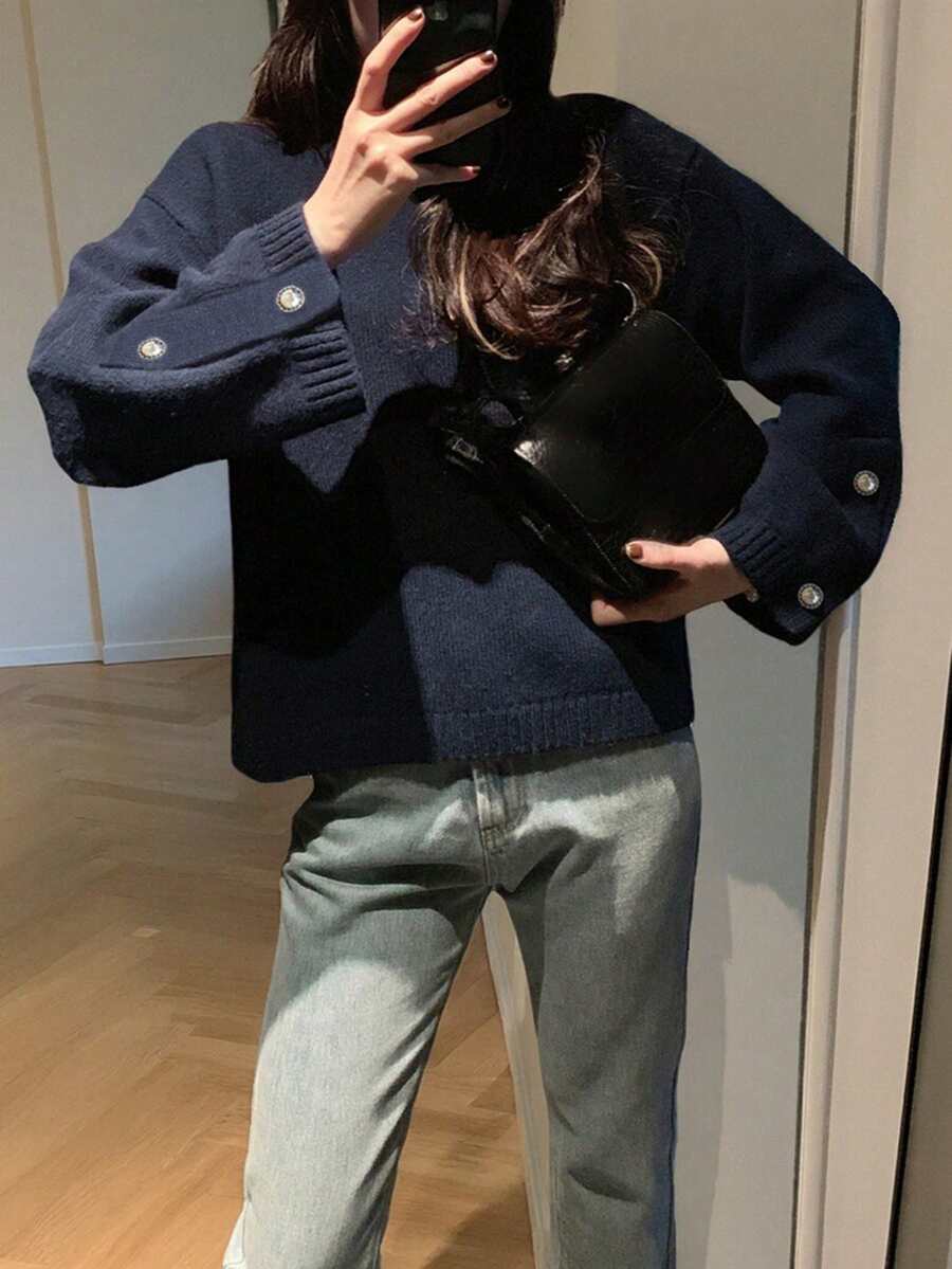 女式简约圆领纽扣袖口设计毛衣，秋冬 - 藏蓝色 - 查看 1