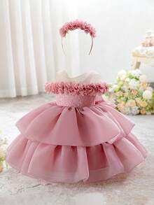 Baby Girls Sleeveless Lace Ruffled Back Bow Organza Cute Puff Flower Girl Dress, Suitable For Wedding, Birthday Party, Outing - Dusty Pink - View 3