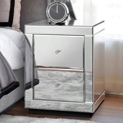 30 X 30 X 52cm Bedside Table Glass Mirrored 2 Drawers Nightstand Cabinet Chests Sofa Side Storage Organiser Side End Table For Living Room Bedroom Hallway Silver