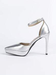 Women's Buckle Decor Party Shoes, Nightclub Style,Platform Heels - Silver - View 6