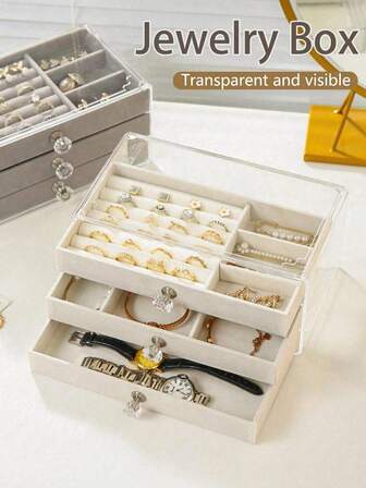 1 pieza Caja de joyería de acrílico, caja de almacenamiento de joyería con cajón de terciopelo, caja de joyería de gran capacidad de lujo, organizador de anillos, collares, pulseras, aretes y colgantes, soporte de exhibición elegante con perilla con forma de cristal, organizador de joyería de lujo de 5 capas - Almacenamiento espacioso para aretes, collares y anillos - Caja de escritorio de alta calidad para organización, viaje, regalo de Navidad, regalo de regreso a la escuela, regalo de Halloween, regalo del Día de San Valentín, regalo de Año Nuevo, artículo esencial de Ramadán