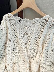 JIANHU Boho Dream Crochet Lace Kimono With 3D Geometric Floral Pattern And Wavy Fringe Hem Featuring Oversized Off Shoulder Design Perfect For Beach Holidays And Cafe Outings Summer - Apricot - View 5
