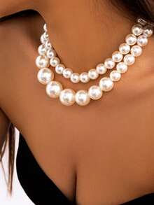 2 Peças Colar de Contas de Pérolas Falsas Multicamadas, Design Elegante Exagerado Adequado para Uso Diário e Festas de Mulheres, Pode Ser Usado como Presente de Aniversário, Feriado, Natal, Ano Novo - Branco - Visão 3