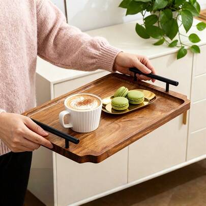 1 pieza/2 piezas Bandeja de madera vintage con asa - Acabado de grano de madera y metal cepillado, diseño minimalista. Adecuado para desayuno, café, aperitivos, fiestas, comidas, entretenimiento y decoración - Pieza central de estilo vintage, bandeja de servir, fuente, bandeja de mesa de café y bandeja de almacenamiento, regalo ideal, accesorio de cocina, suministros de cocina, bandeja decorativa (madera maciza)