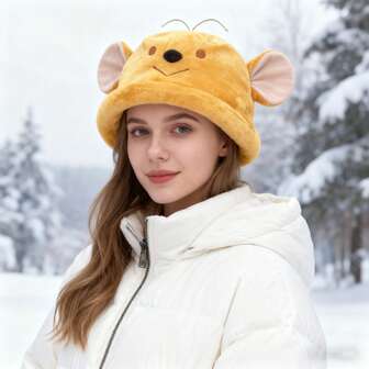 1pc,Women's Cute Cartoon Koala & Mouse Ear Plush Bucket Hat Fuzzy Winter Casual Daily Headwear