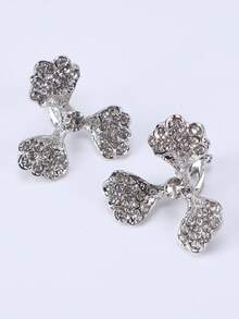 1 Pair Exaggerated Silver Flower Rhinestone Clip-On Earrings, Elegant & Chic For Women - Silver - View 1