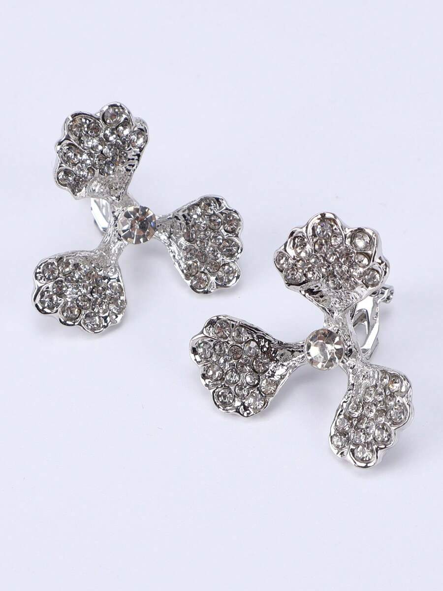 1 Pair Exaggerated Silver Flower Rhinestone Clip-On Earrings, Elegant & Chic For Women - Silver - View 1