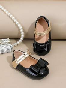 1 Pair Infant/Toddler Flat Shoes, PU Material, Gold Color, Comfortable Heel Enclosure, Suitable For All Seasons - Black - View 3