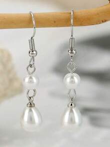 1对女士仿珍珠耳钉，优雅蝴蝶吊坠耳环，时尚伴娘首饰礼品 - 珍珠耳環 - 查看 3