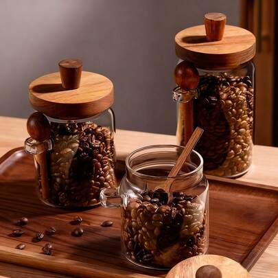 3pcs Glass Coffee Canister Set, Glass Food Storage Jars With Wooden Lids And Spoons, 400ml/600ml/900ml For Food, Nuts, Candy, Spices Airtight Containers (Random Wood Color For Lids And Spoons)