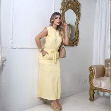 Conjunto Simony Saia Midi Com Recorte e Blusa Manga Japonesa Elegante - Amarelo Manteiga - Visão 4