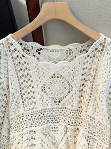 JIANHU Boho Dream Crochet Lace Kimono With 3D Geometric Floral Pattern And Wavy Fringe Hem Featuring Oversized Off Shoulder Design Perfect For Beach Holidays And Cafe Outings Summer - Apricot - View 6