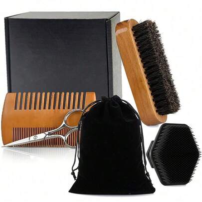 1-Piece Set Of Men's Beard Comb And Brush Kit – Natural Boar Bristle Brush And Dual-Function Comb, Scissors, And Silicone Face Cleansing Tool, Accompanied By A Velvet Carry Pouch. Gift Box Packaging Suitable For Giving As A Present – Perfect For Grooming Beards And Mustaches.